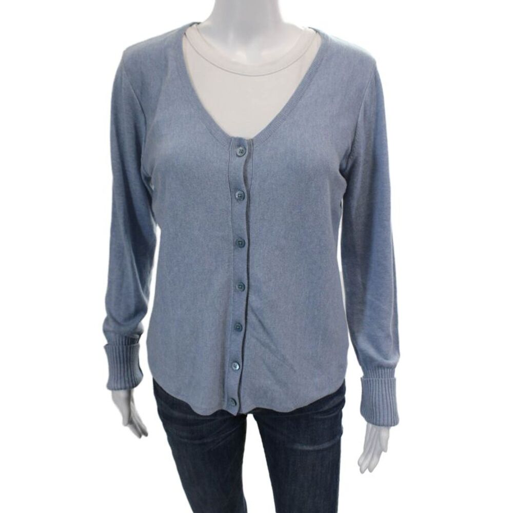 Margaret OLeary Womens Cotton Knit Round Button Up Cardigan Sweater Blue Size M